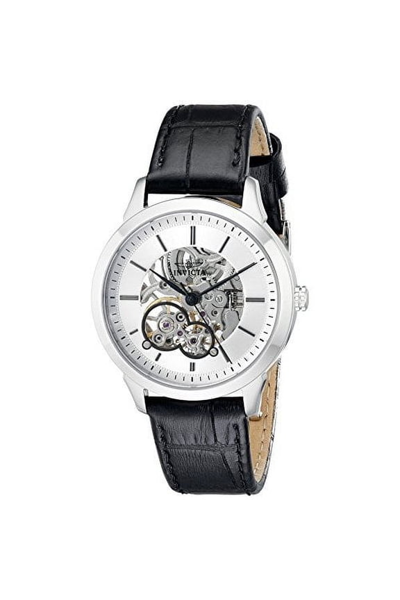 Women's Specialty Mechanical Black Genuine Leather Skeletonized Dial