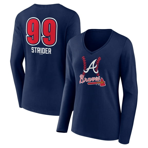 Women's Spencer Strider Navy Atlanta Braves Fastball Player Name & Number Long Sleeve V-Neck T-Shirt