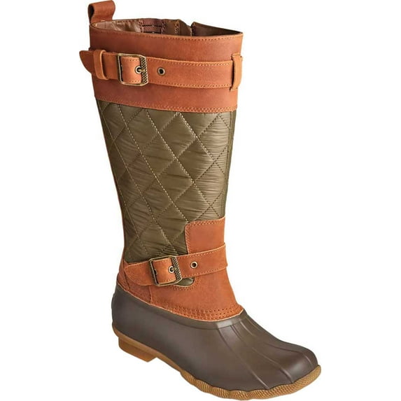 Women's Sperry Top-Sider Saltwater Buckle Nylon Quilted Tall Duck Boot Olive/Brown Quilted Nylon/Rubber 6.5 M