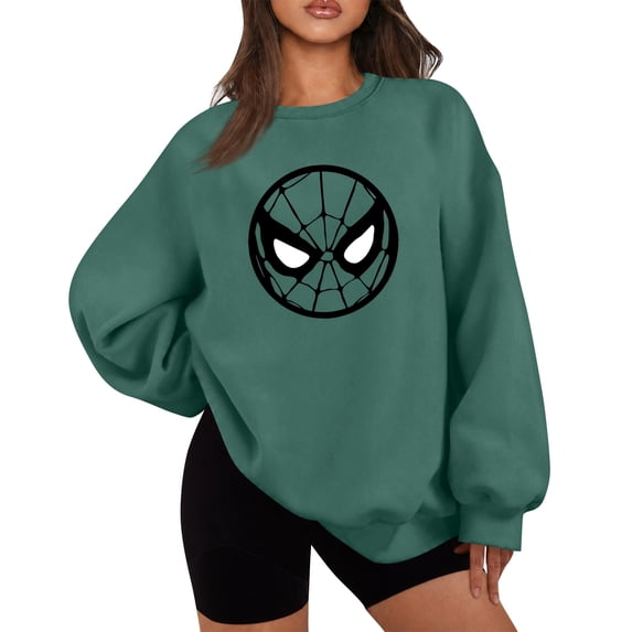 Women's Spider Mask Graphic Sweatshirt, Solid Long Sleeve Crewneck Casual Loose Pullover for Fall Winter Streetwear, Dark Green, 3XL