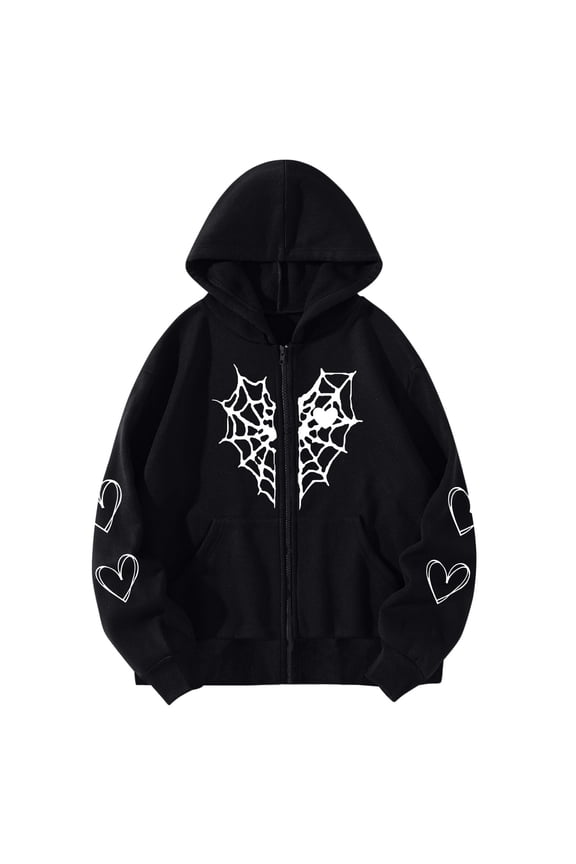 Women's Spider Web Heart Print Full Zip Hoodie Gothic Y2K Style Plus Size Thick Lined Jacket