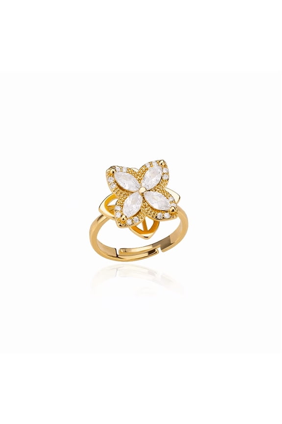 Women’s Spinning Clover Ring, Adjustable Open Band, Gold/Silver Tone with Cubic Zirconia, Stress Relief Fashion Jewelry
