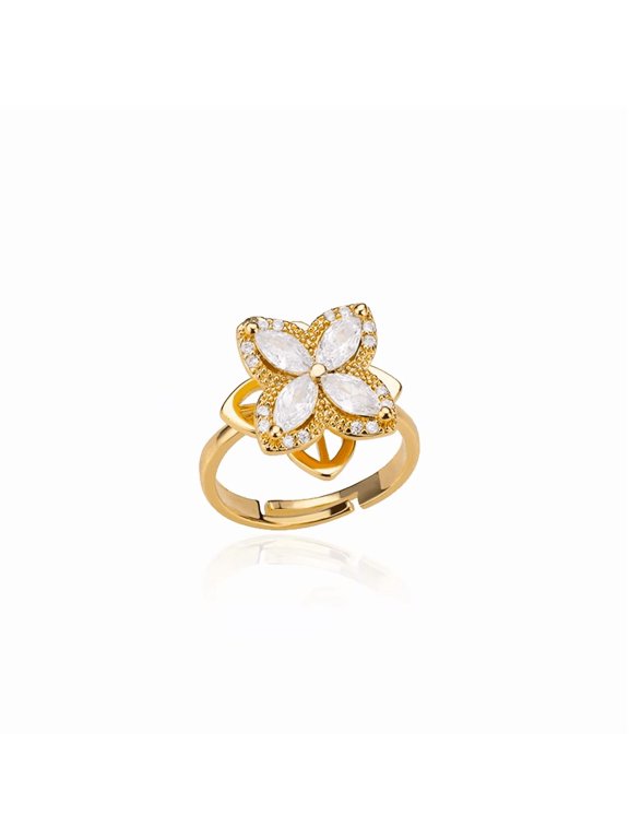 Women’s Spinning Clover Ring, Adjustable Open Band, Gold/Silver Tone with Cubic Zirconia, Stress Relief Fashion Jewelry