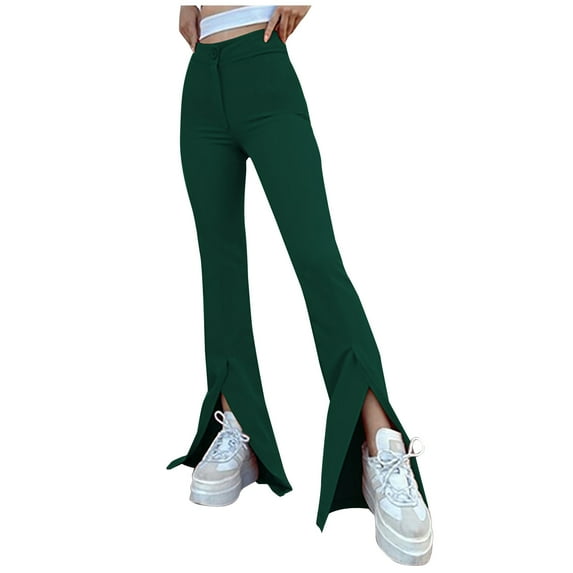 Women's Split Front Elastic High Waist Elegant Bootcut Long Pants Work Pants Full Length Flare Leggings Trousers