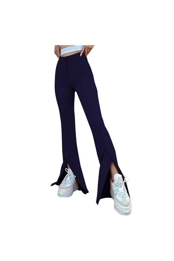 Women's Split Front Elastic High Waist Elegant Bootcut Long Pants Work Pants Full Length Flare Leggings Trousers