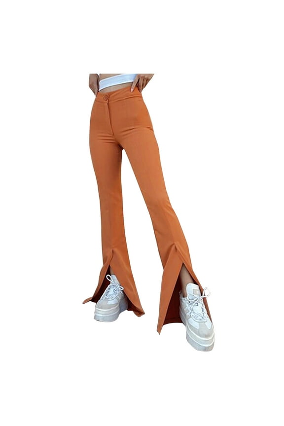 Women's Split Front Elastic High Waist Elegant Bootcut Long Pants Work Pants Full Length Flare Leggings Trousers