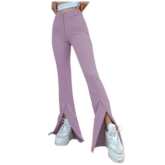 Women's Split Front High Waist Stretchy Elegant Flare Long Pants Solid Skinny Fashion Lounge Pants Trousers