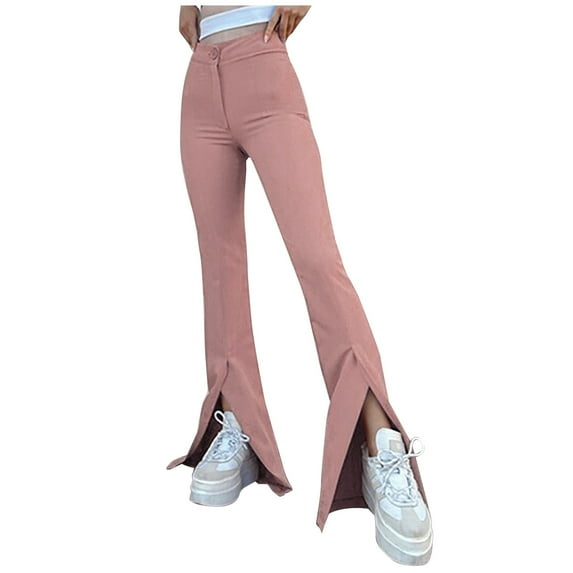Women's Split Front High Waist Stretchy Elegant Flare Long Pants Solid Skinny Fashion Lounge Pants Trousers