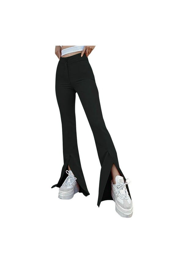 Women's Split Front High Waist Stretchy Elegant Flare Long Pants Solid Skinny Fashion Lounge Pants Trousers
