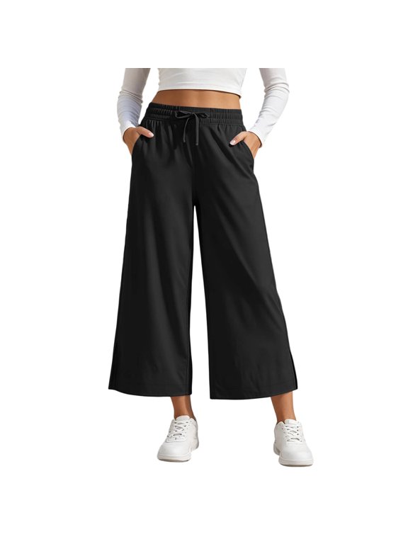Women's Split Hem Cropped Wide Leg Pants, High Rise Elastic Waist, Side Slit Hems, Relaxed Fit
