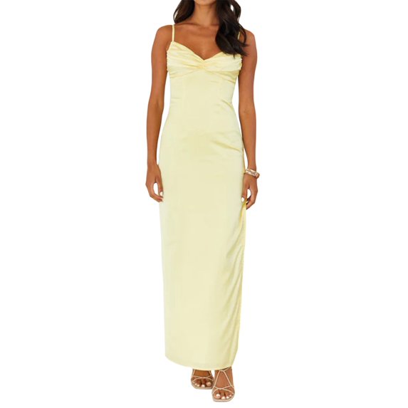 Women's Split Long Dress, Spaghetti Strap Ruched Bust Cocktail Dress