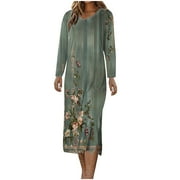 MNYYCXEN Women's Split Midi Dress Exquisite Printed Long Sleeve Dresses Sexy V Neck Dress Cause Daily Wear Sundress