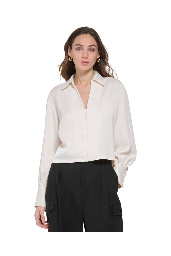 Women's Split-Neck Long-Sleeve Cropped Satin Top Eggnog XS