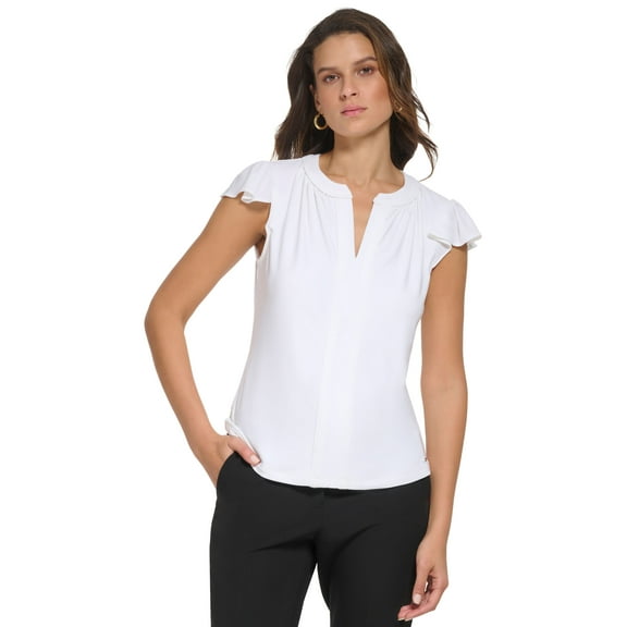 Women's Split-Neck Ruffle Top Ivory XL