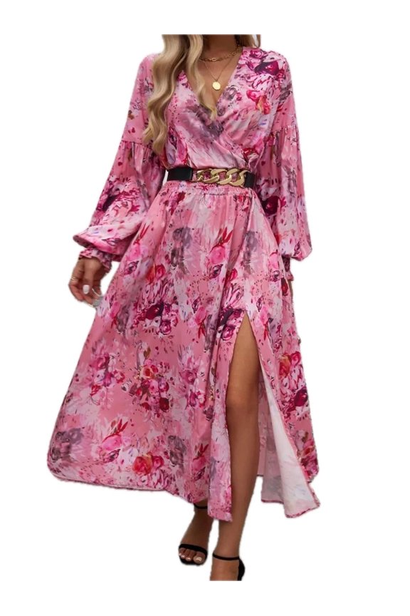 Women's Split Printed Surplice Long Sleeve Midi Dress with Smocked Sheer Panel and Opaque Back Polyester 100% Chic