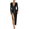 thumbnail image 1 of Women's Split Sequin Dress Floor Length Evening Gown Long Sleeved V-Neck Dress Black, 1 of 6