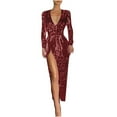 thumbnail image 1 of ZQUUVOU Women's Split Sequin Dress Floor Length Evening Gown Long Sleeved V-Neck Dress Burgundy, 1 of 6