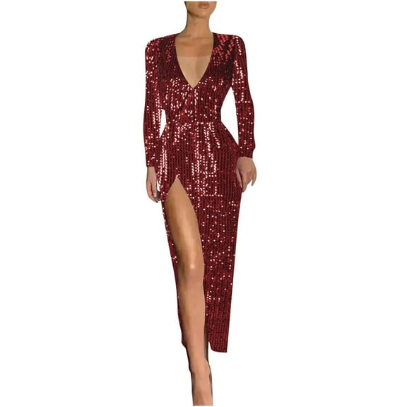 ZQUUVOU Women's Split Sequin Dress Floor Length Evening Gown Long Sleeved V-Neck Dress Burgundy