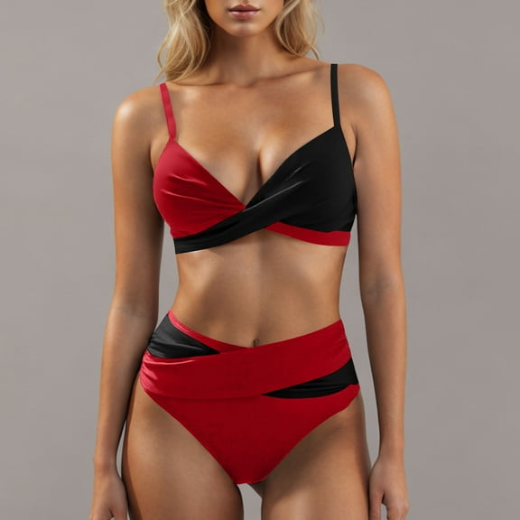 Women's Split Shoulder Tether Bikini Swimsuit Set for Beach and Pool, Nylon Spandex Summer Swimwear