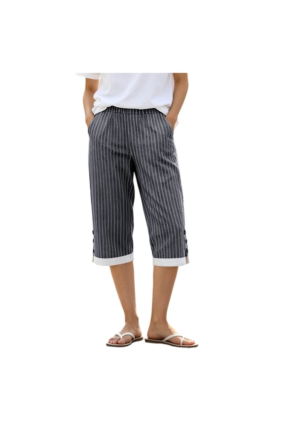 Women's Split Side Summer Striped Linen Capris, Dressy Straight Leg Versatile Business Casual Pants with Pockets