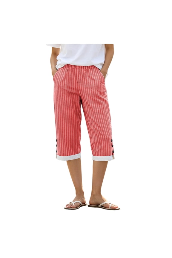 Women's Split Side Summer Striped Linen Capris, Dressy Straight Leg Versatile Business Casual Pants with Pockets