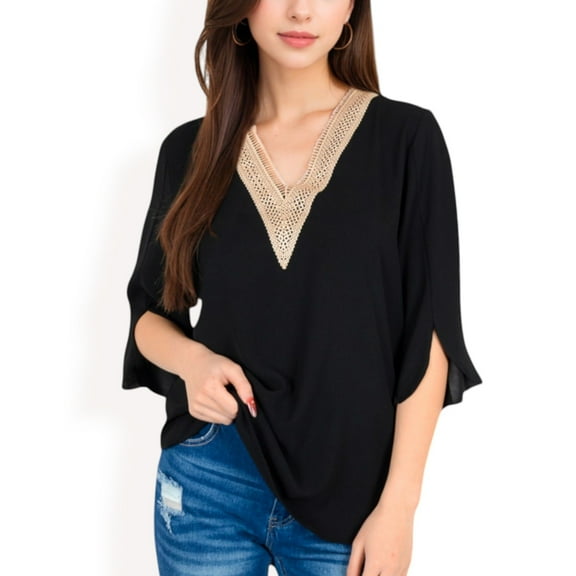 Women's Split Sleeve V-Neck Blouse with Crochet Detail- Black,Small