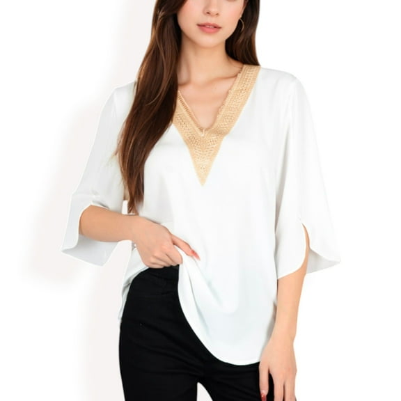 Women's Split Sleeve V-Neck Blouse with Crochet Detail- White,Large
