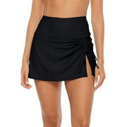 Womens Split Swim Skirt High Waisted Ruched Drawstring Swimuit Bottom with Built-in Panty