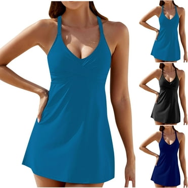 Women's Split Swimsuit Adjustable Straps V Neck Swim Skirt Two Piece Conservative Bathing Suit High Waist Solid Modest Swimwear Sky Blue,XL