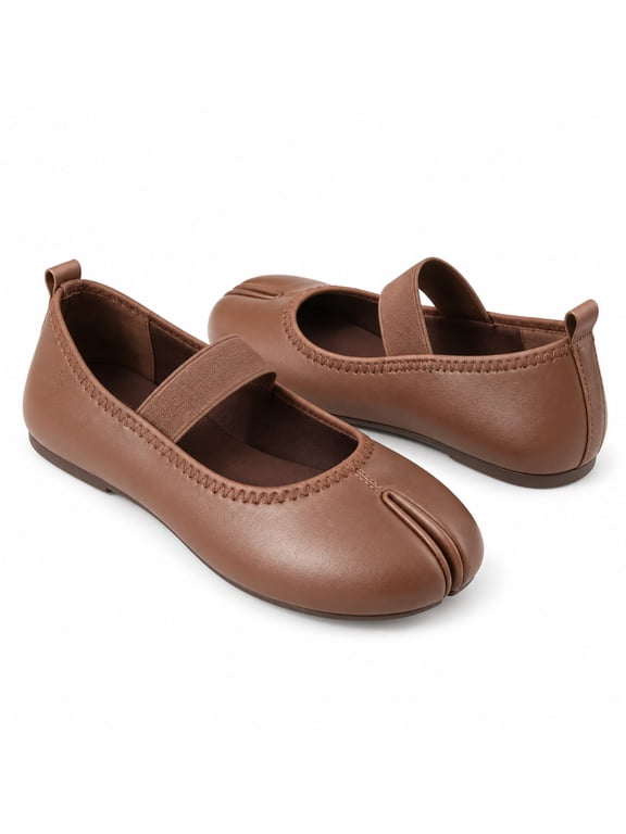 Women's Split Tabi Toe Stretch Strap Flats, Solid Vintage Faux Leather Slippers on Mary Jane Flats
