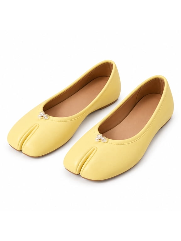 Women's Split Toe Ballet Flats Pearl Detail Yellow Petticoat Shoes Flexible Flats for Work and Casual Wear