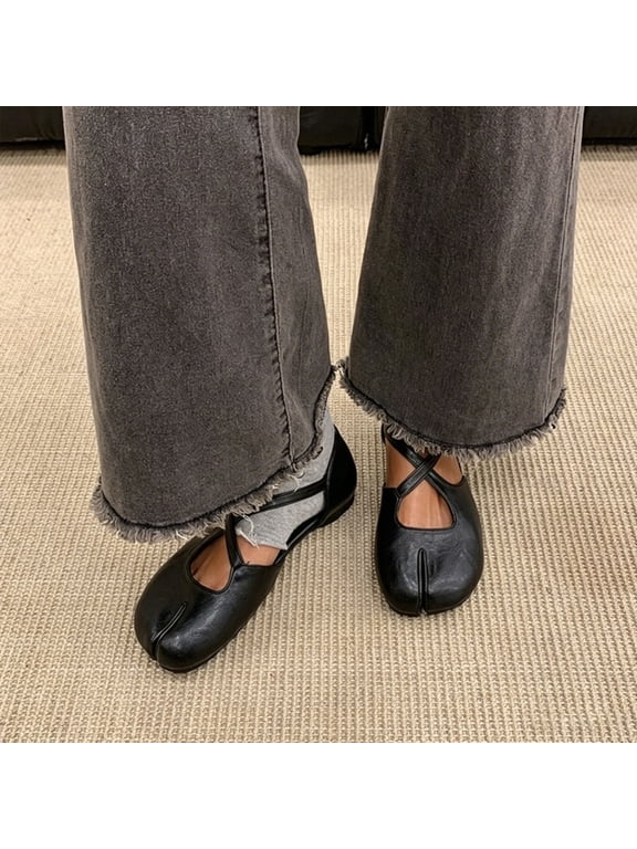 Women's Split Toe Cross Strap Mary Jane Flats Faux Leather Crisscross Ankle Strap Minimalist Casual Ballet Flat Shoes For Daily Wear Black 7