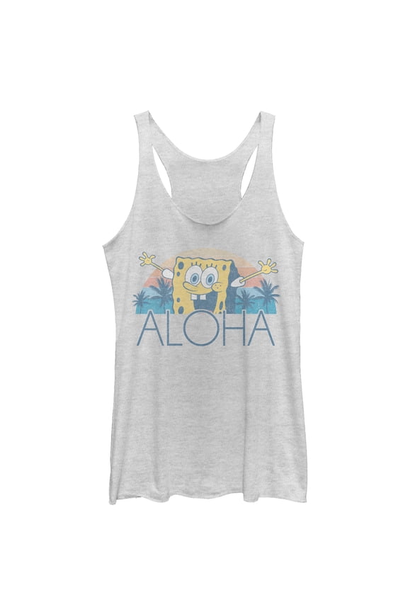 Women's SpongeBob SquarePants Aloha Sunset Racerback Tank Top White Heather Small