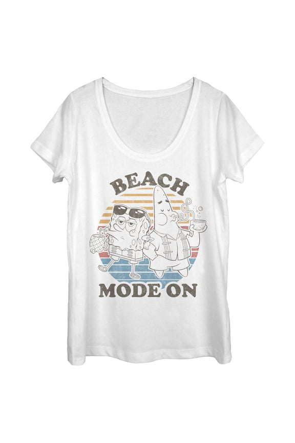 Women's SpongeBob SquarePants Beach Mode On  Scoop Neck White Large