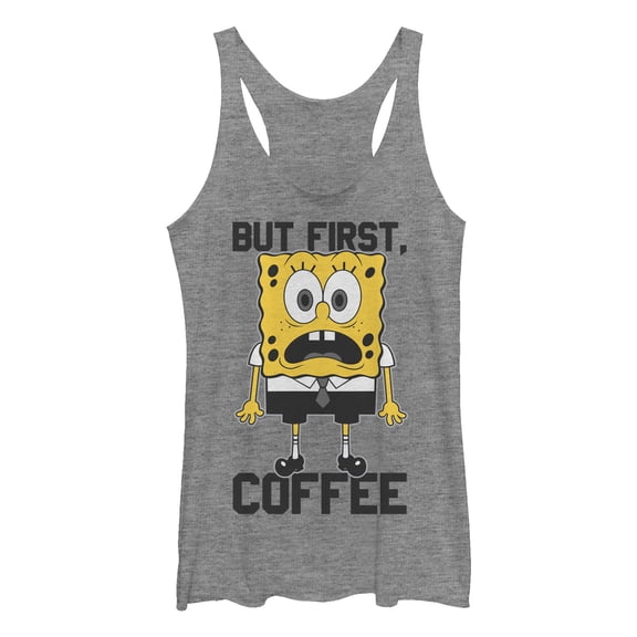 Women's SpongeBob SquarePants But First Coffee Racerback Tank Top Gray Heather Large