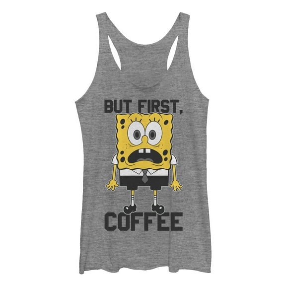 Women's SpongeBob SquarePants But First Coffee Racerback Tank Top Gray Heather Small