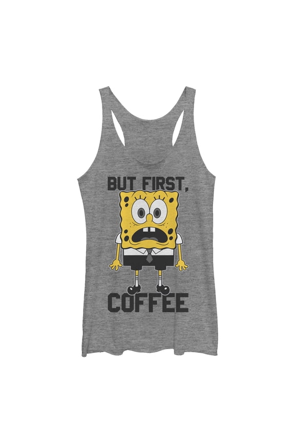 Women's SpongeBob SquarePants But First Coffee Racerback Tank Top Gray Heather Small