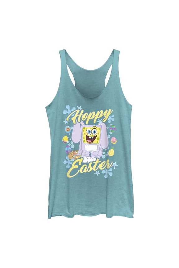 Women's SpongeBob SquarePants Colorful Hoppy Easter Racerback Tank Top Tahiti Blue Large