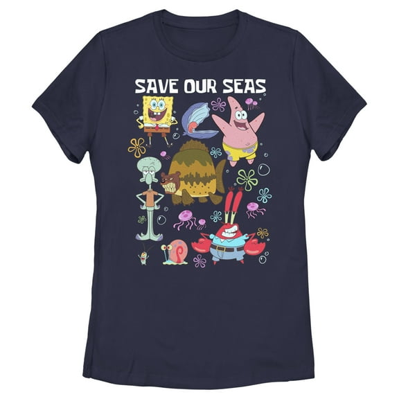 Women's SpongeBob SquarePants Save Our Seas  Graphic Tee Navy Blue Small