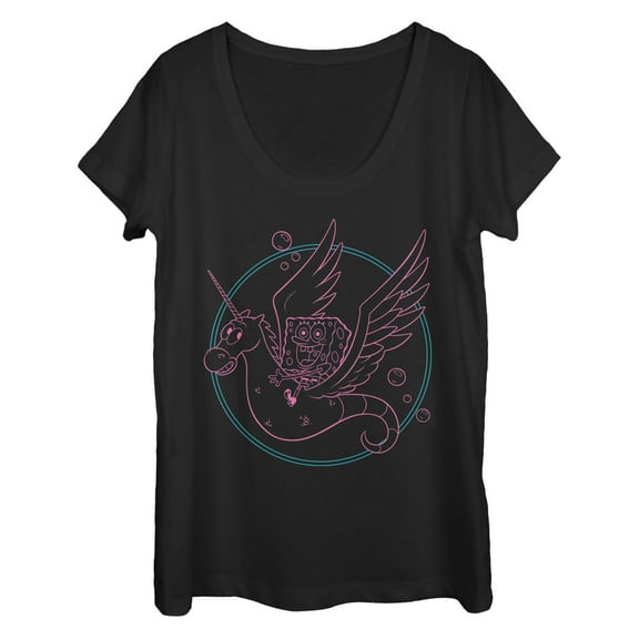 Women's SpongeBob SquarePants Seahorse Unicorn Ride  Scoop Neck Black 2X Large