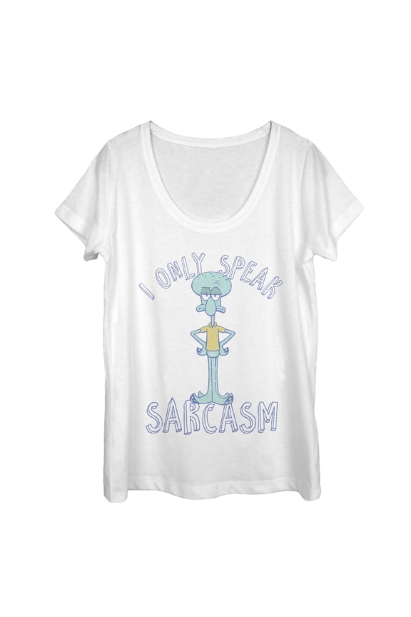 Women's SpongeBob SquarePants Squidward Speaks Sarcasm Scoop Neck White Large