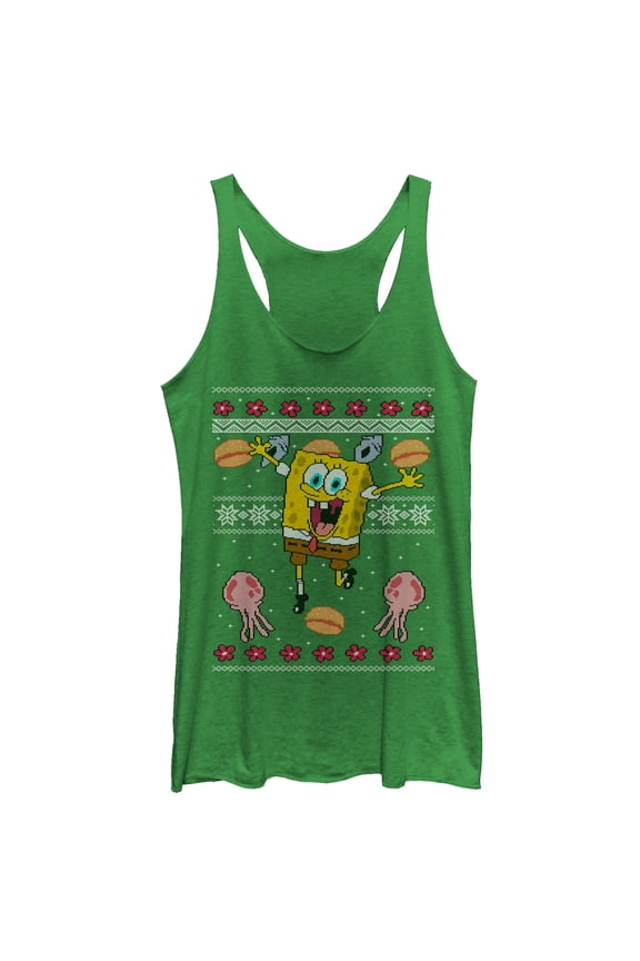 Women's SpongeBob SquarePants Ugly Christmas Jellyfish Racerback Tank Top Envy Green Large