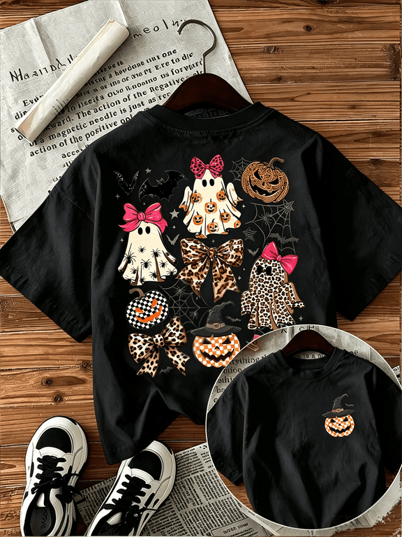 Women's Spooky Ghost Leopard Bow Halloween Graphic T‑Shirt Double‑Sided Print Fall Casual Tee