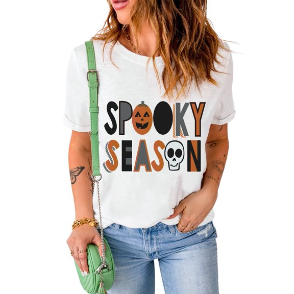 Women's Spooky Season White Pumpkin Skull Graphic T-Shirt | [ZhiHiMeRi] | (US 4-6)S