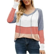 CFDRFGH Women's Sport Lightweight Knit Hoodies Casual Drawstring Color Block Sweaters Loose Tunics Pullover Tops Sweatshirts