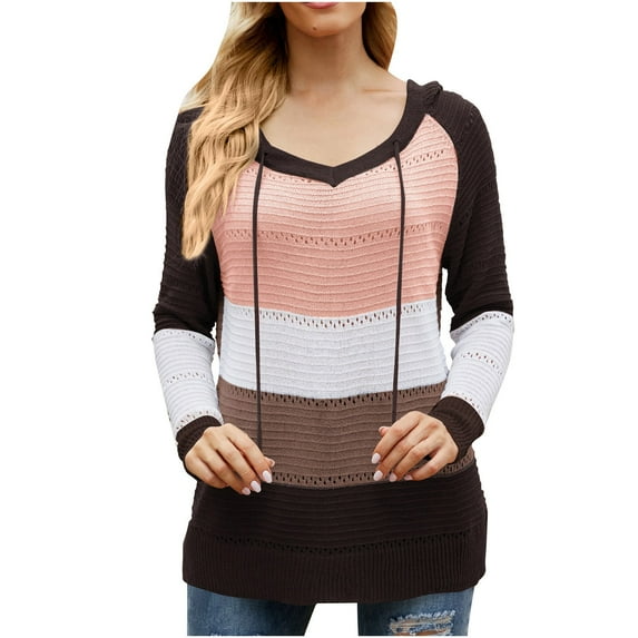 Women's Sport Lightweight Knit Hoodies Casual Drawstring Color Block Sweaters Loose Tunics Pullover Tops Sweatshirts