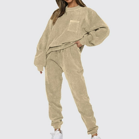 Women's Sport Sweat Suit Set Pullover Solid Round Neck Hoodless Tracksuit