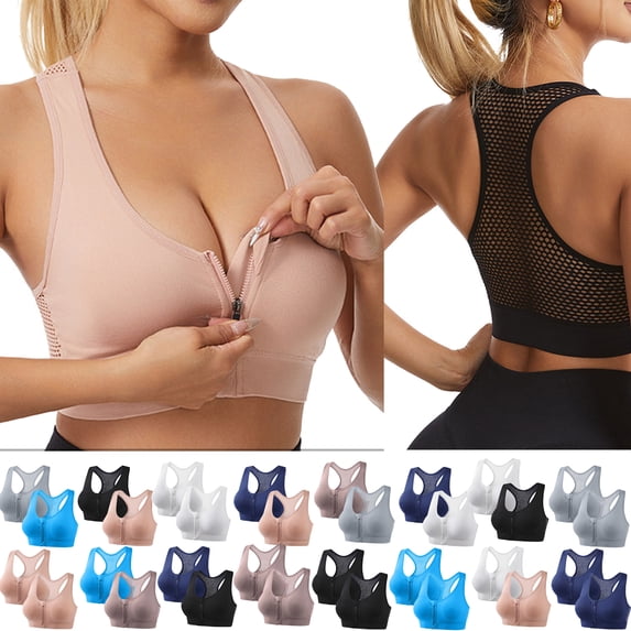 Women's Sports Bra Solid Color No Underwire Front Zipper Cross Designed Back Mesh Pattern Gathered Yoga Gym Workout Fitness - 2 Rack