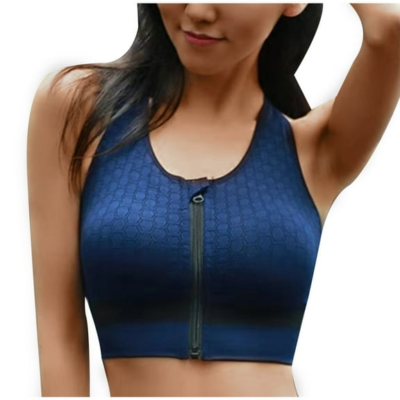 Women's Sports Bra Sports Bra Fitness Running Shockproof Yoga Tank Front Zipper No Steel Ring Comfort Sports Bra Gathering Shockproof Measures Wireless Bras for Women Navy L