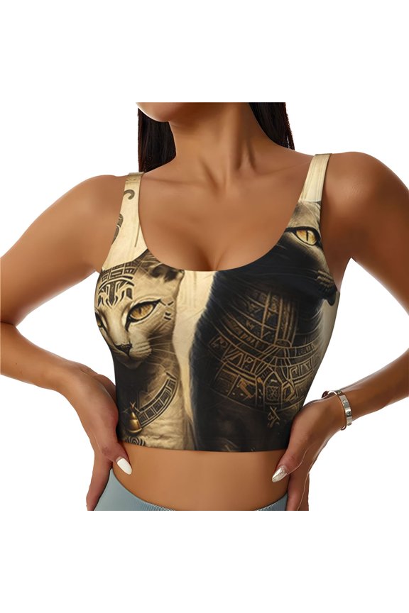 Women's Sports Bra Vest Soft U-Back Workout Crop Top Breathable Tank, Egyptian Cats Hieroglyphs Vintage